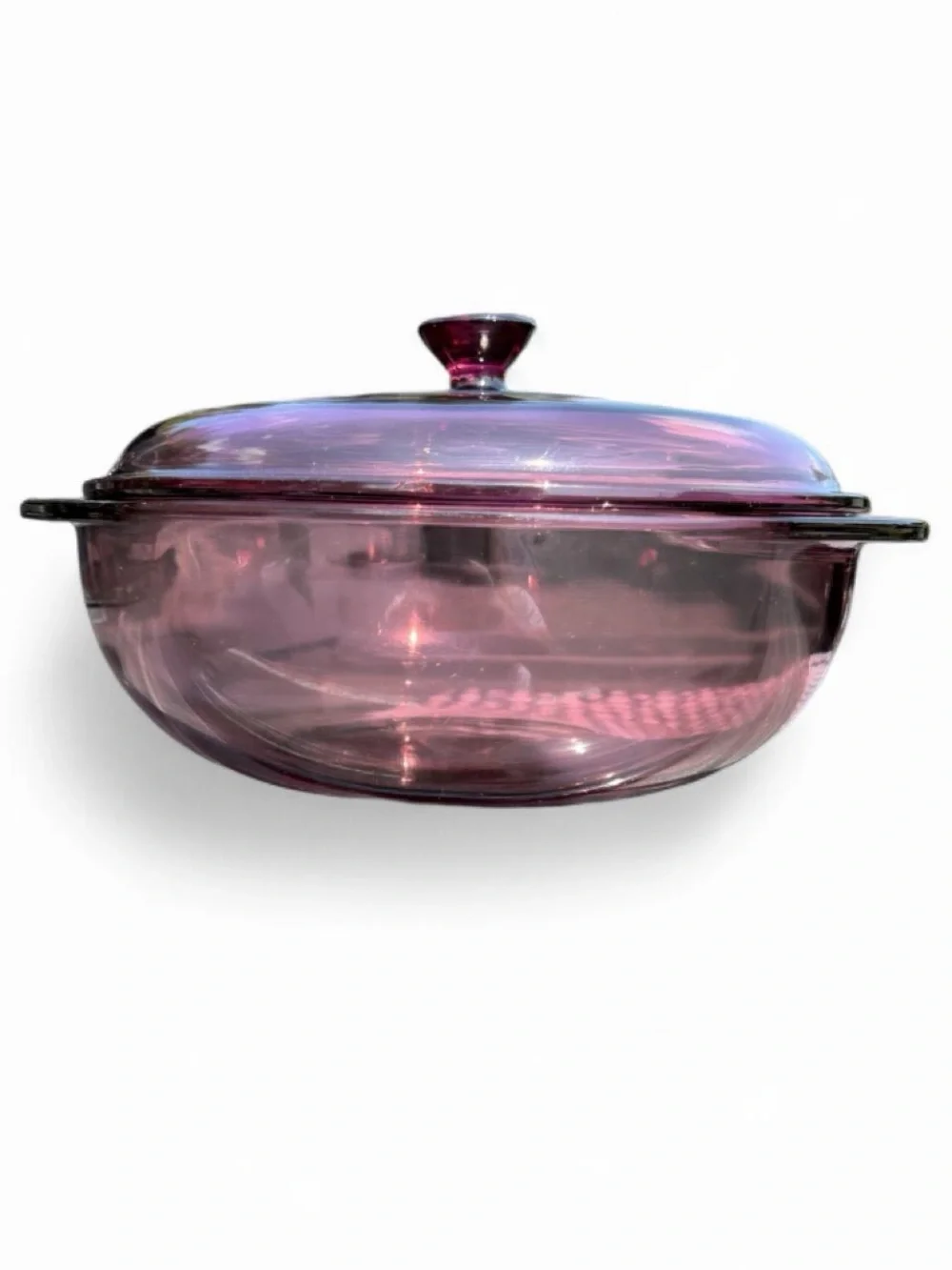 Vintage cranberry Pyrex casserole dish